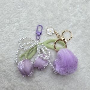 Purple Tulip Bag Purse Backpack Charm with Pearl Details Pompom Kaychain